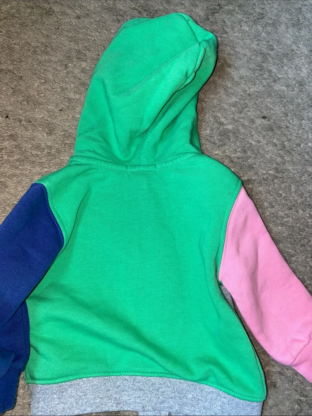 Polo by Ralph Lauren Gray Zip Hoodie with Green Hood, Pink & Blue Sleeves